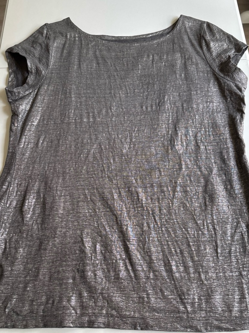 Eileen Fisher Metallic Short-Sleeve Crewneck Top - Silver Gray
